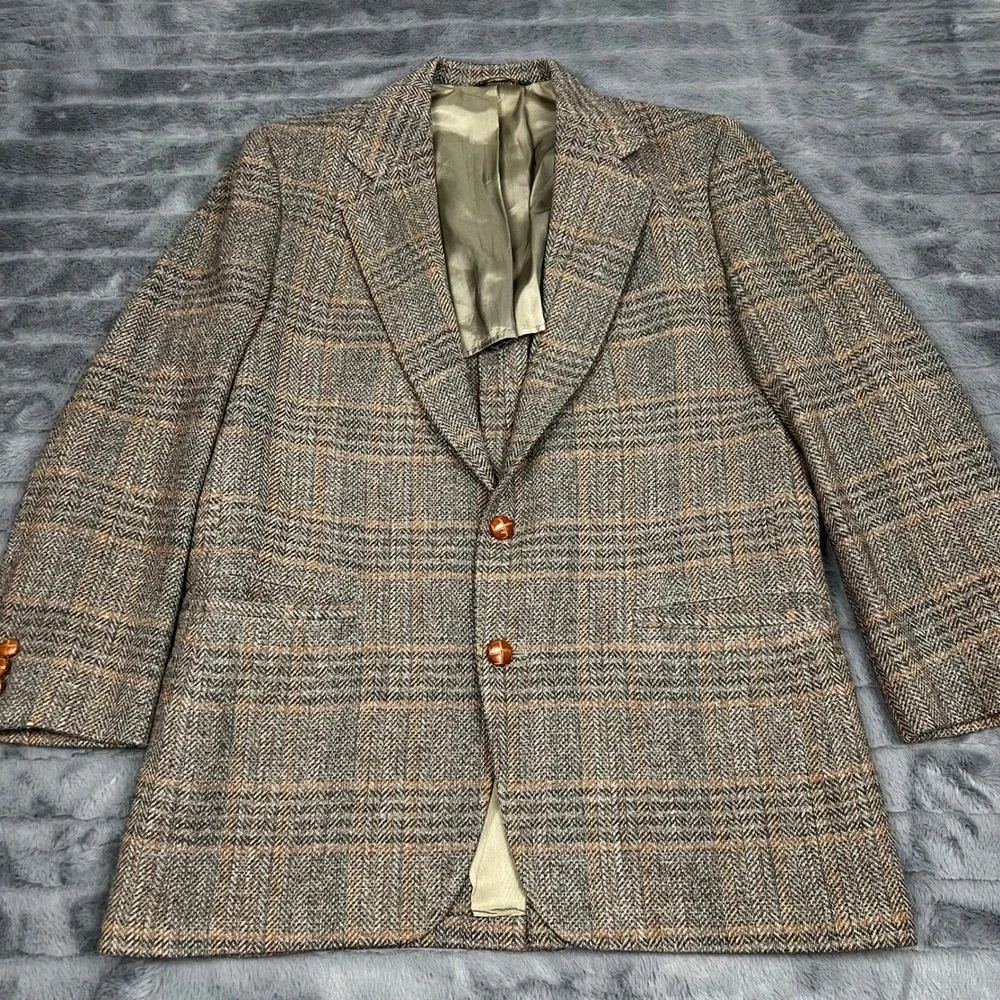 John Weitz Vintage Mens Wool Herringbone Plaid Blazer Brown Orange 2-Button Coat